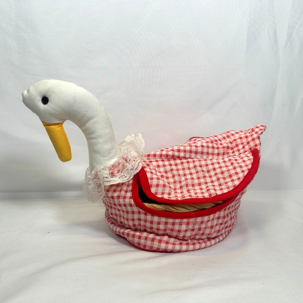 Vintage Goose Bread Basket Bun Warmer Cottage Gingham Plaid Red Country Kitchen